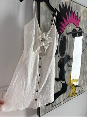 Lost + Wander natural off White Button-Front Tie-Detail Mini Dress.